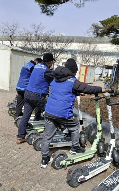 전동킥보드 안전 가이드 사업 참여자들이 무단방치된 전동킥보드를 정리하고 있다